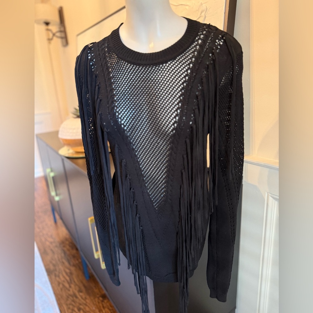 Anthropologie Black Fringe Mesh Women's Top. Sexy!!